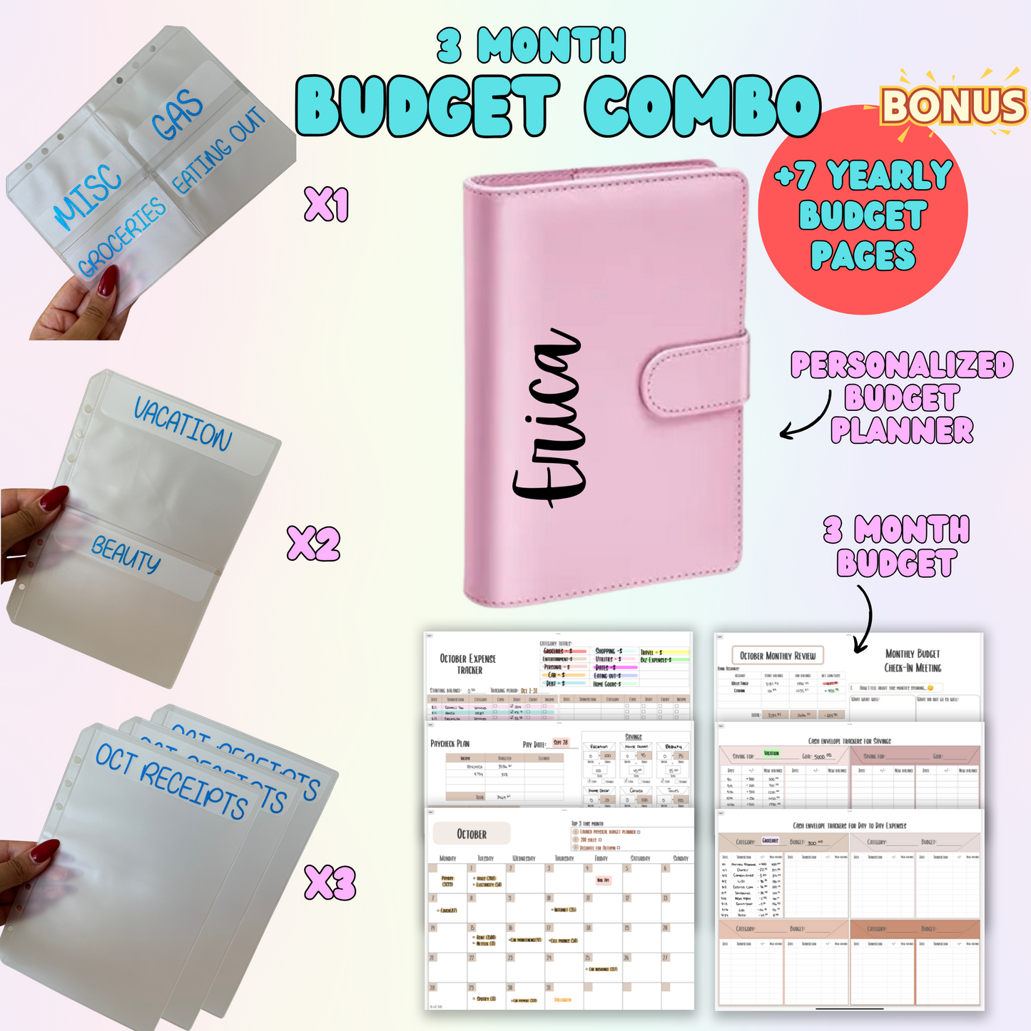 Budget Planner + Yearly Inserts with Cash Envelopes | 3 Months | Budget Combo