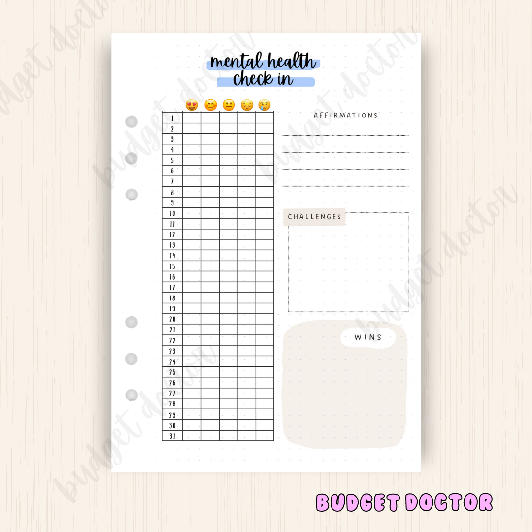 Mental Health Check In | Monthly Journal Insert