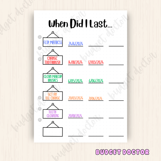 When Did I Last | Planner Insert