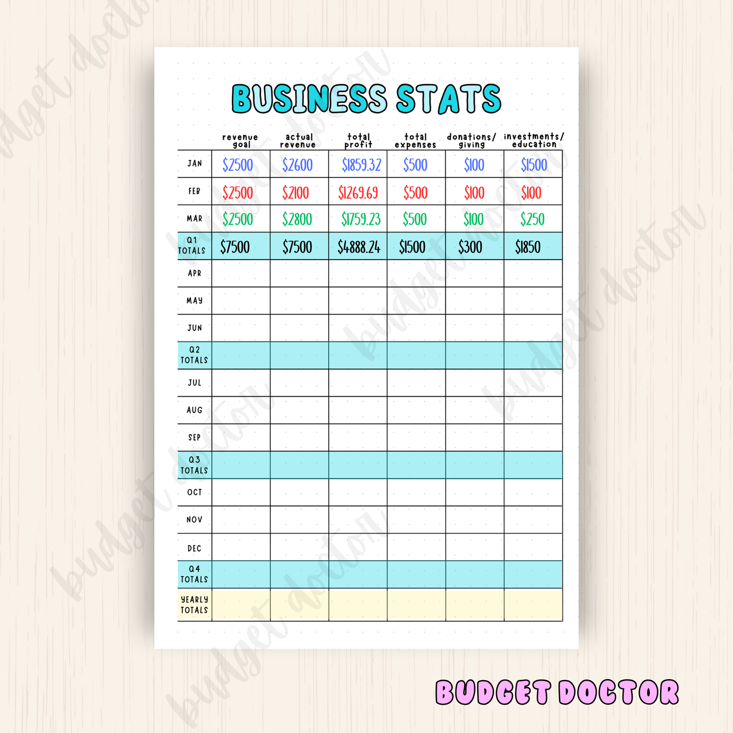 Business Stats | Yearly Planner Insert