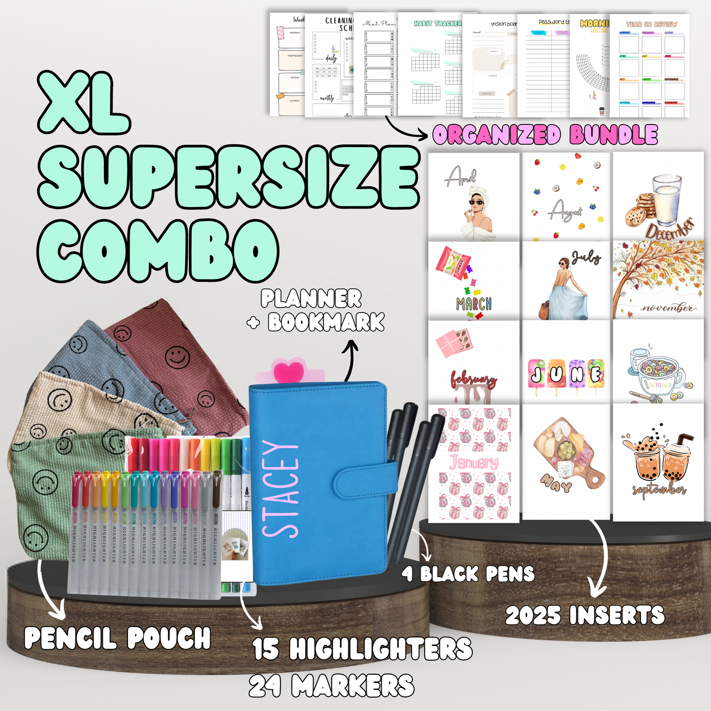 XL Supersize Combo| Planner+ 2025 Monthly Theme Spreads + Your Choice Bundle + Stationary