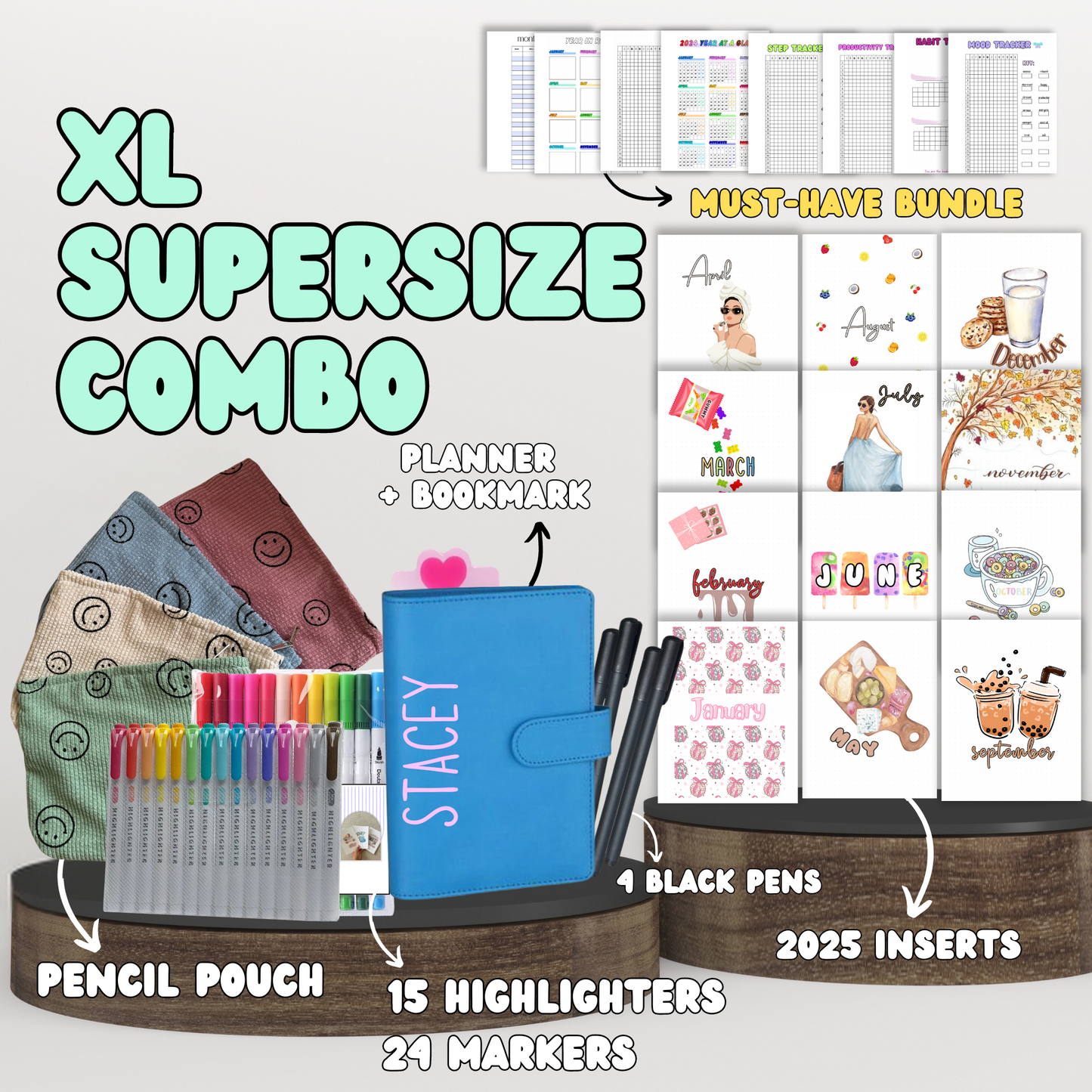 XL Supersize Combo| Planner+ 2025 Monthly Theme Spreads + Your Choice Bundle + Stationary