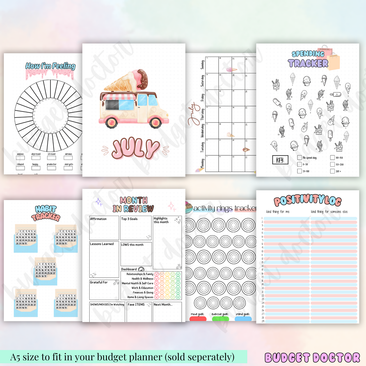 July Ice Cream Themed Monthly Spreads | Digital | 2024