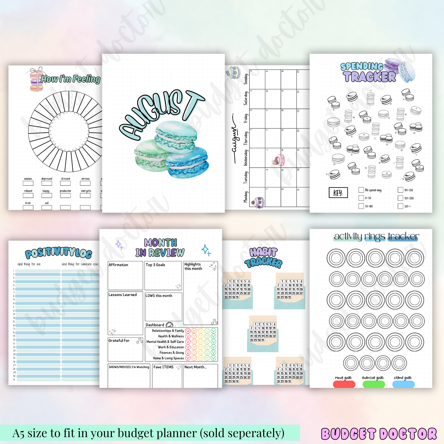 August Macaroon Themed Monthly Spreads | Physical | 2024