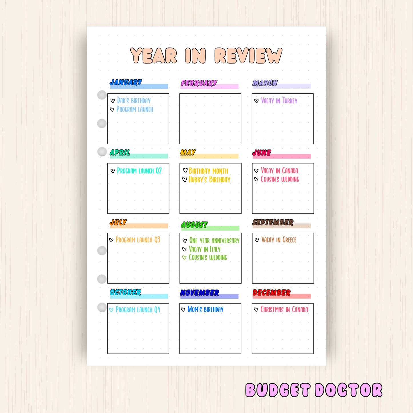 Yearly In Review | Yearly Planner Insert