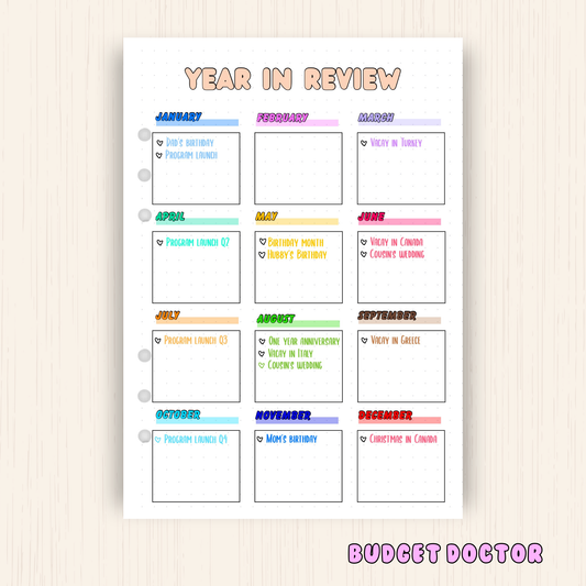 Yearly In Review | Yearly Planner Insert