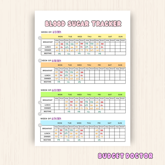 Blood Sugar Tracker | Yearly Planner Insert