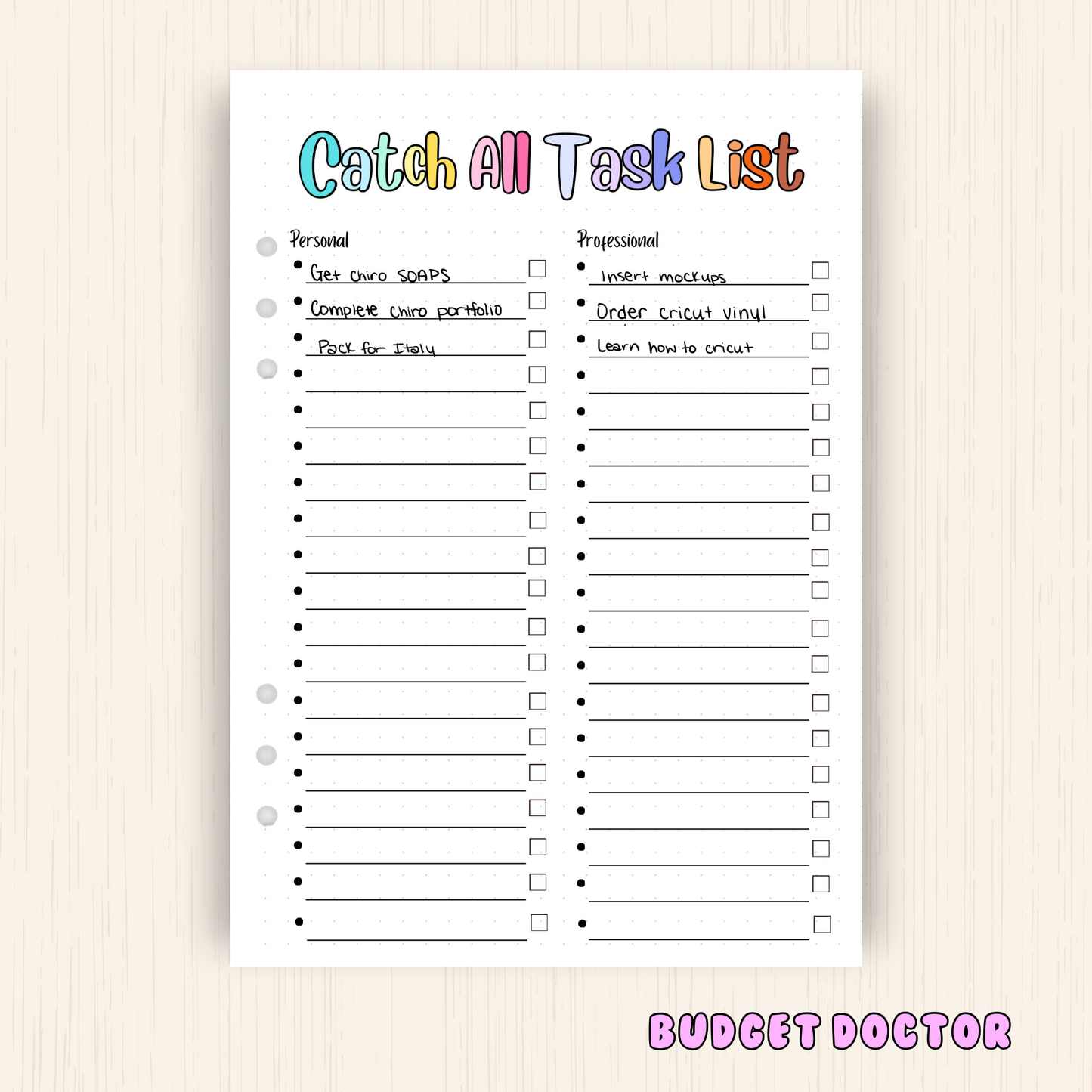 Catch All Task List | Planner Insert