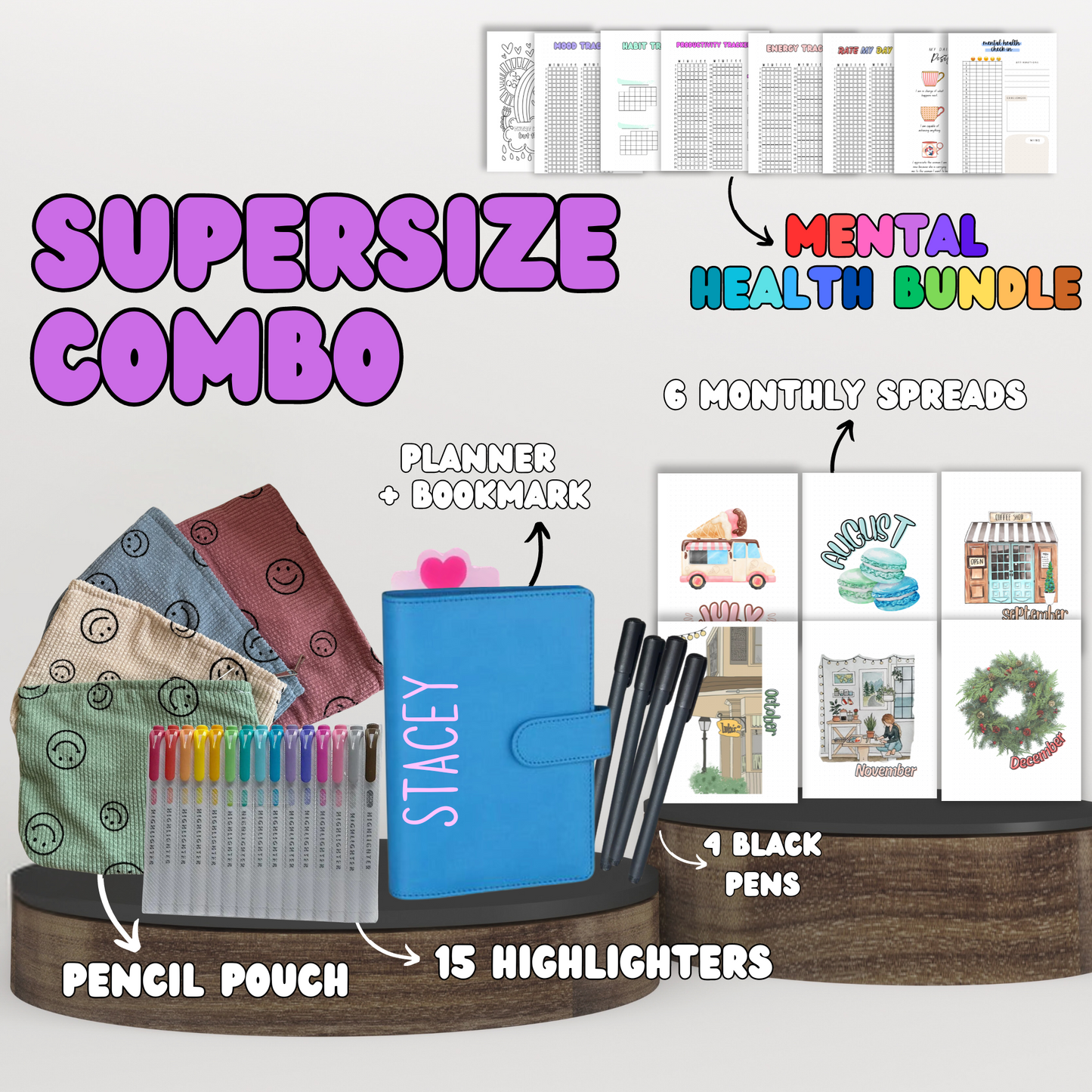 Supersize Combo| Planner+ 6 Monthly Theme Spreads + Your Choice Bundle + Stationary