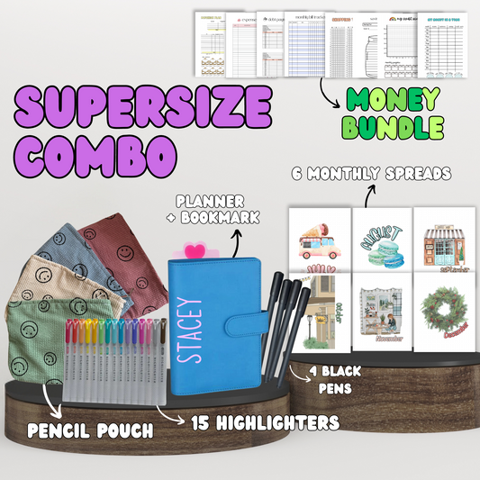 Supersize Combo| Planner+ 6 Monthly Theme Spreads + Your Choice Bundle + Stationary