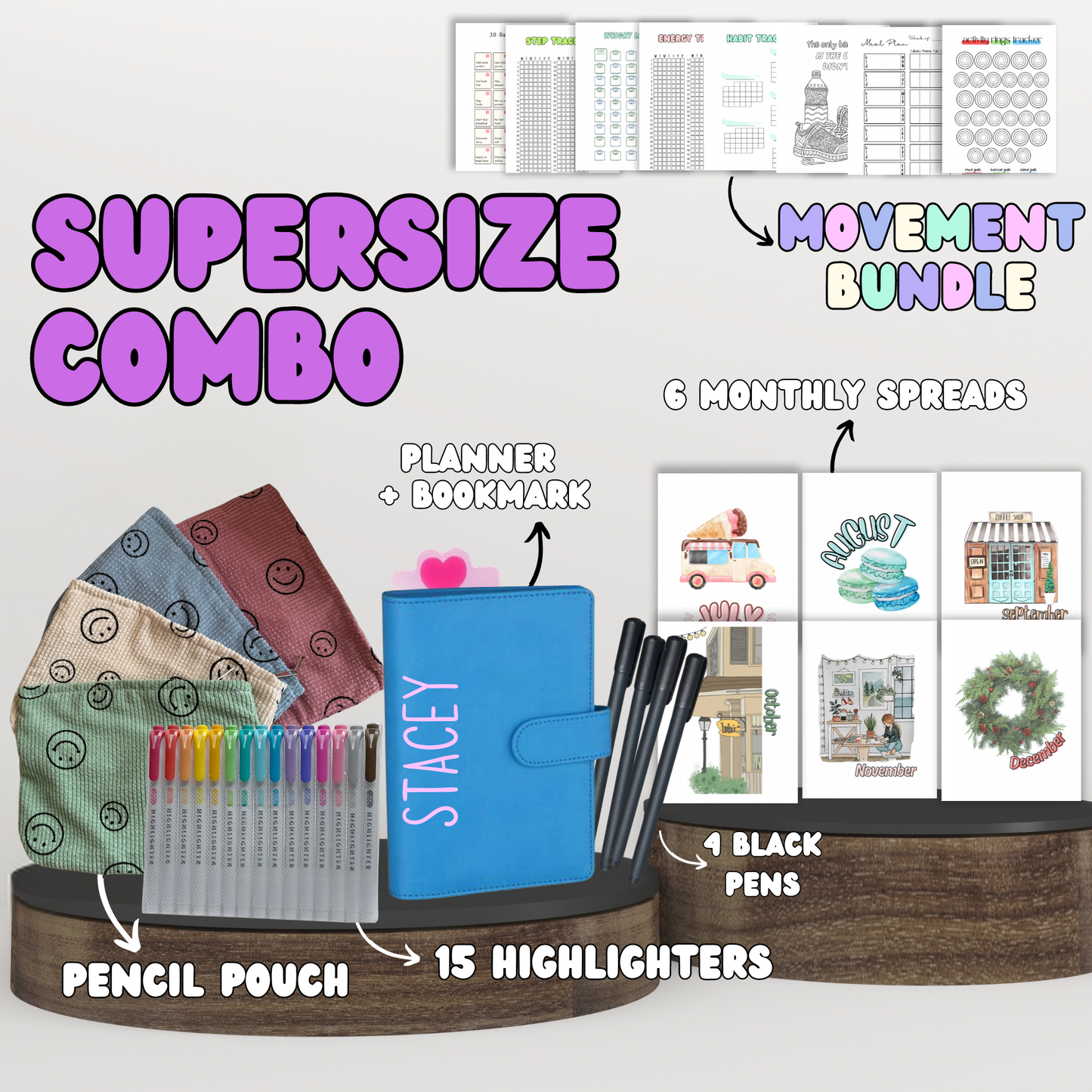 Supersize Combo| Planner+ 6 Monthly Theme Spreads + Your Choice Bundle + Stationary