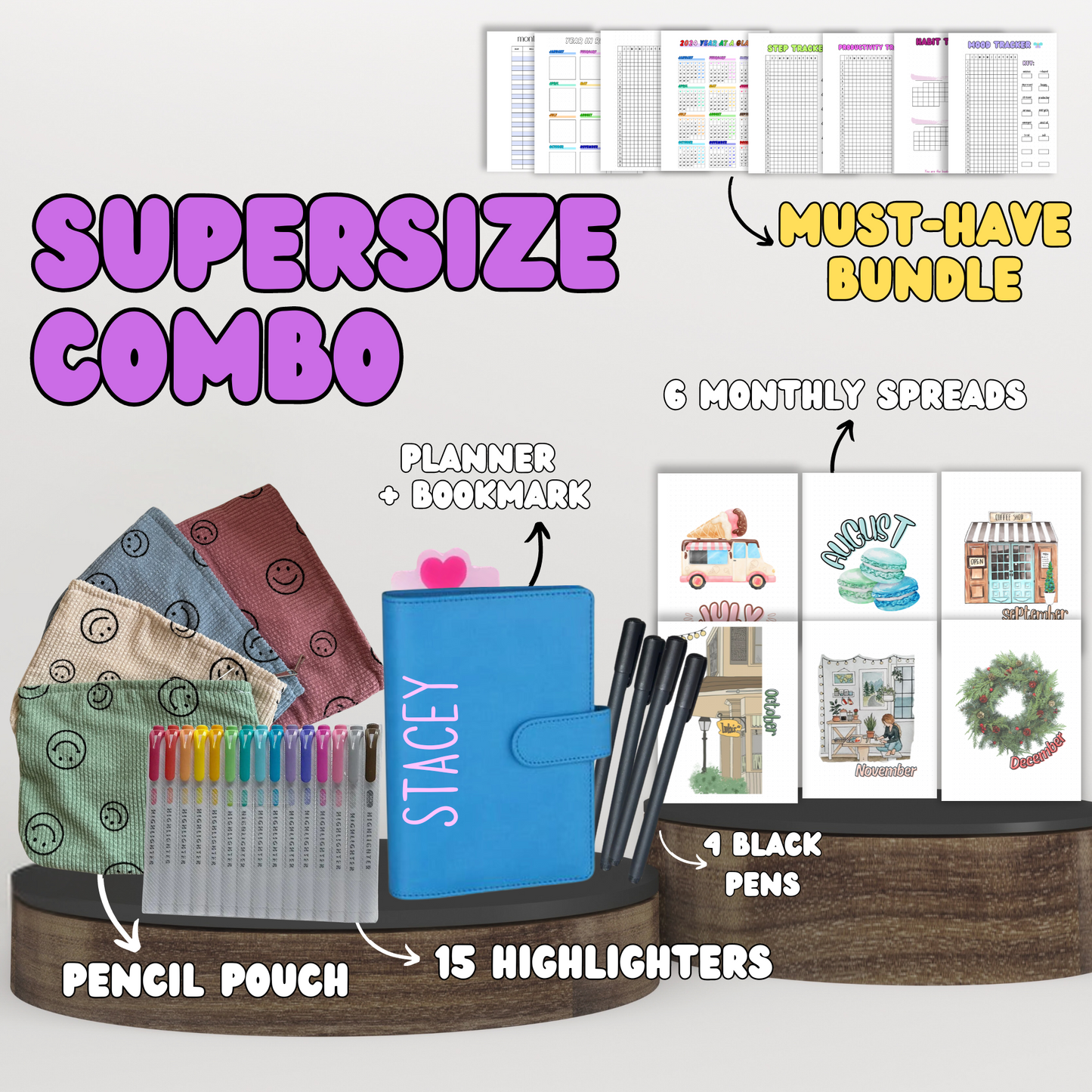 Supersize Combo| Planner+ 6 Monthly Theme Spreads + Your Choice Bundle + Stationary