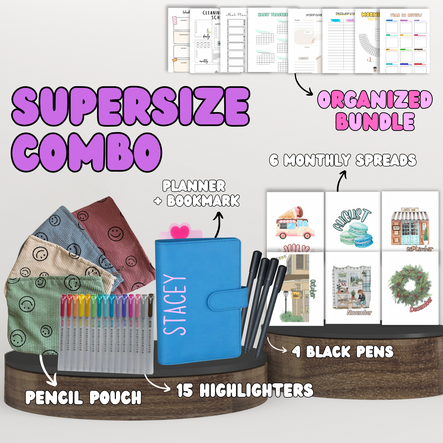 Supersize Combo| Planner+ 6 Monthly Theme Spreads + Your Choice Bundle + Stationary