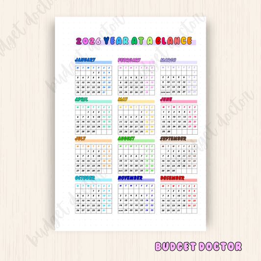 2025/2026 Year at a Glance| Yearly Journal Insert